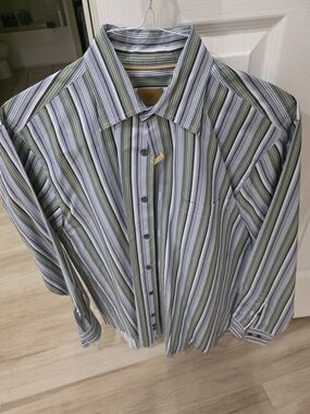 Robert Talbott Striped Dress Shirt in Blue, Green & White